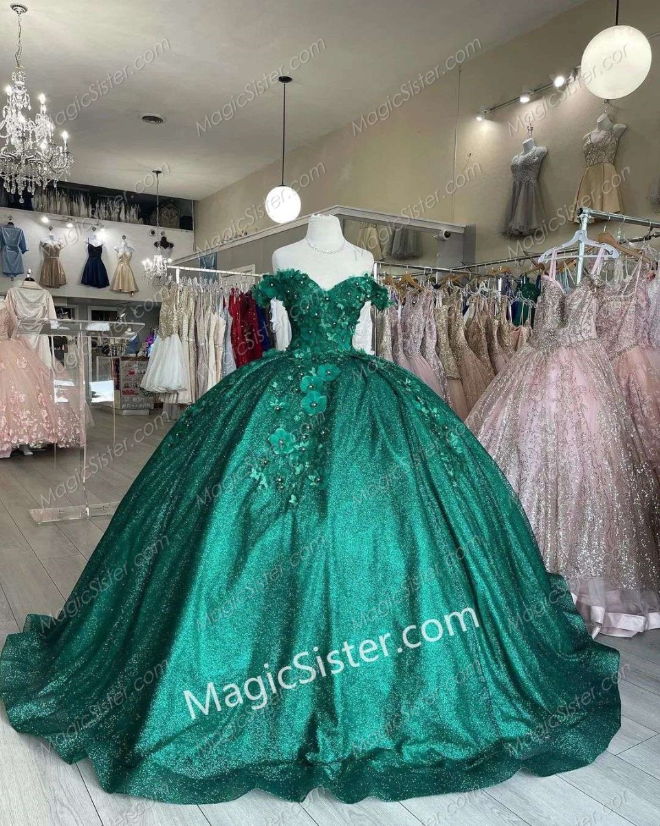 Emerald Green Glitter Tulle 3D Flowers Quinceanera Dress