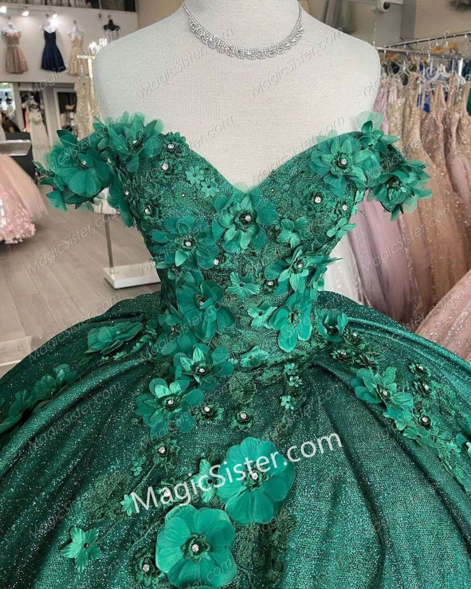 Emerald Green Glitter Tulle 3D Flowers Quinceanera Dress