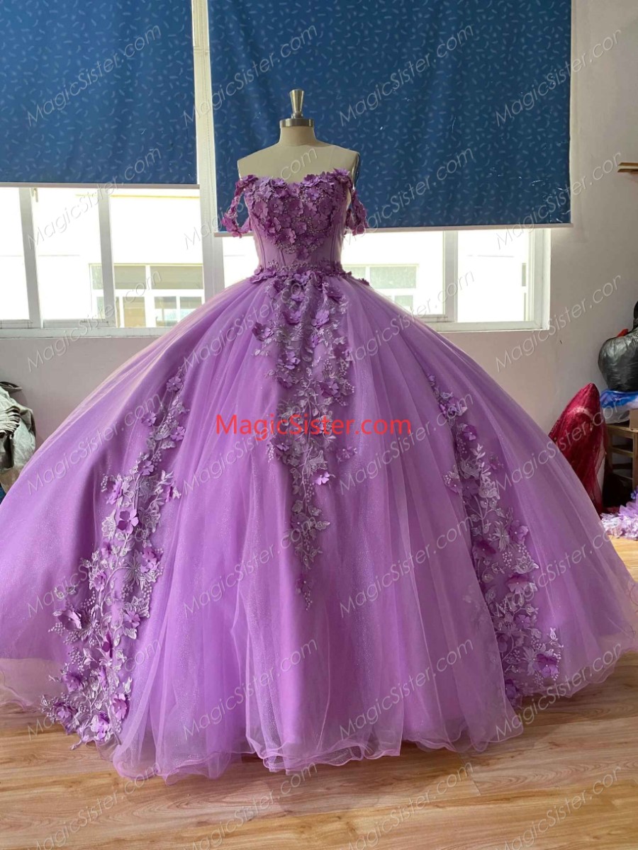 Discount Bright Purple Off Shoulder Quinceanera Dress with Flowers