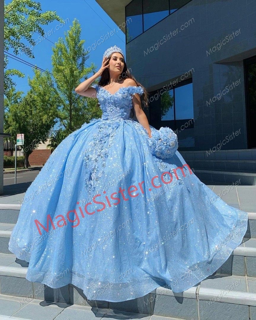 Light Blue Sparkly Tulle 3D Flowers Quinceanera Dress On Sale