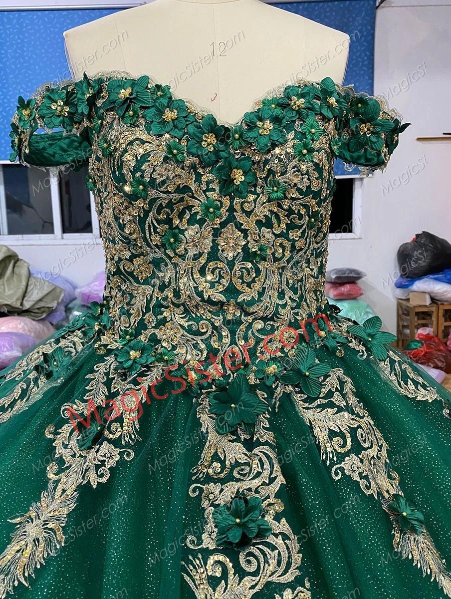 Off the Shoulder Emerald Green and Gold Quinceanera Dress