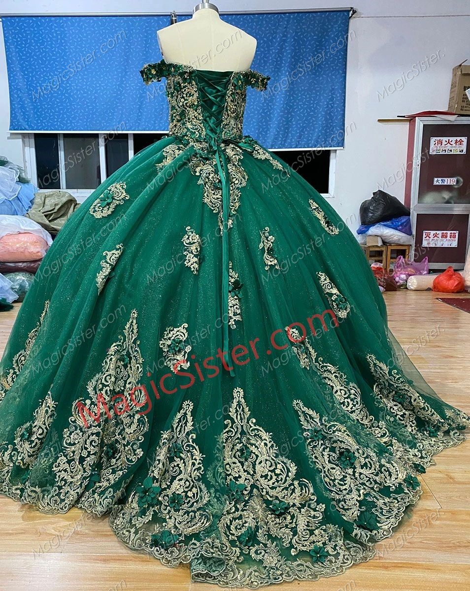 Off the Shoulder Emerald Green and Gold Quinceanera Dress