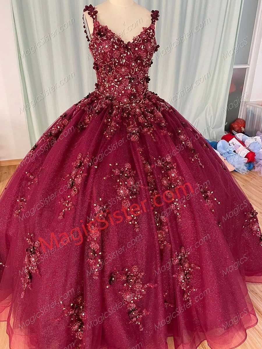 Wine Red 3D Flowers Jewel Beaded Quinceanera Dress with Train