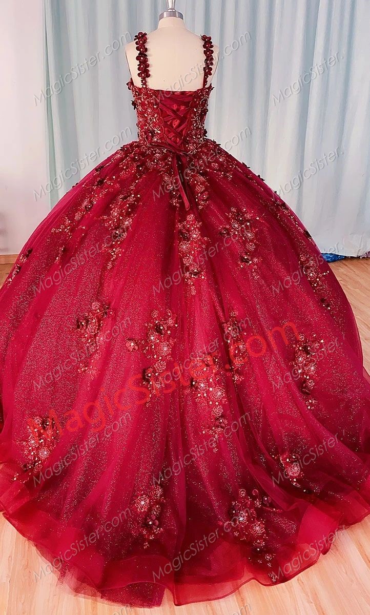 Wine Red 3D Flowers Jewel Beaded Quinceanera Dress with Train