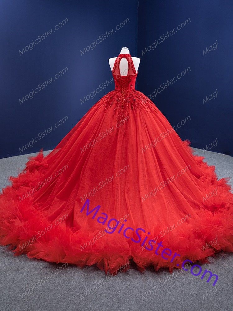 Red Puffy Tulle Beaded Bodice Halter Neck Quinceanera Dress with Train