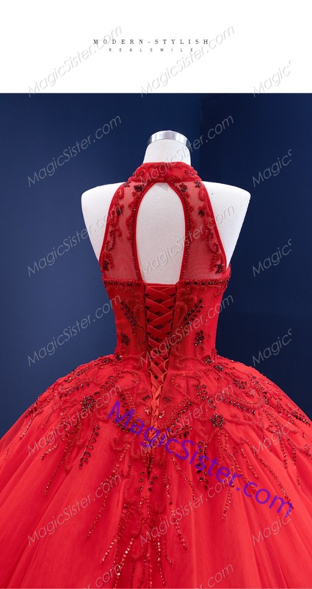 Red Puffy Tulle Beaded Bodice Halter Neck Quinceanera Dress with Train
