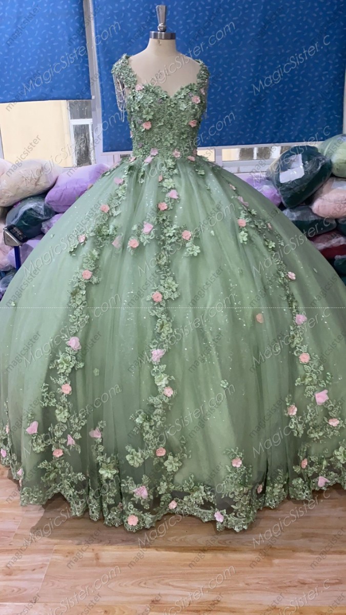 Instock Embroidery Flowers Sage Quinceanera dresses