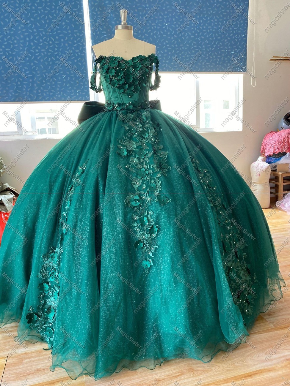 Emerald Green Instock 3D Pearls Embroidered Floral Quinceanera Dress