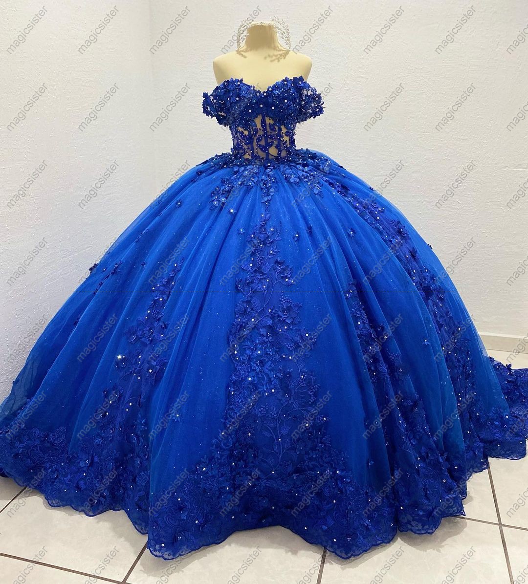 Instock 3D Pearls Embroidered Floral Quinceanera Dress