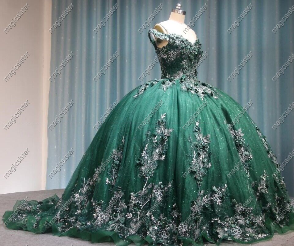 Emerald Green Instock Factory Lace Embroidery Quinceanera Dress
