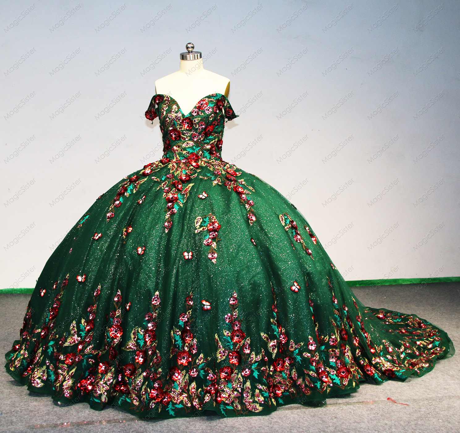 Emerald Green Instock Factory Wholesale Sequined 3D Floral Appliques Quinceanera Dress
