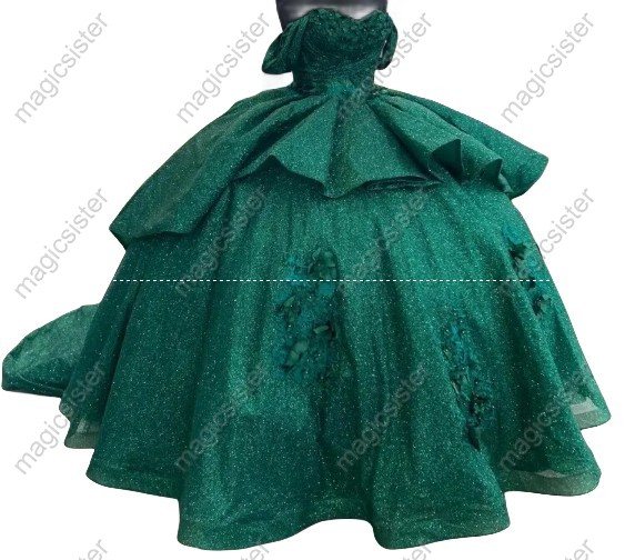 Emerald Green Instock Glitter 3D Floral Appliques Quinceanera Dress