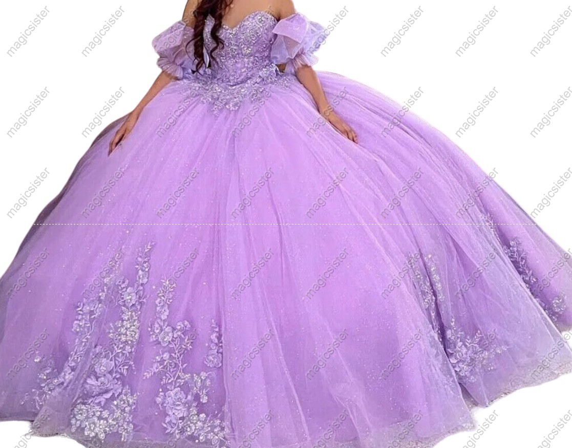 Factory Wholesale 3D Floral Puff Sleeves Quinceanera Dress