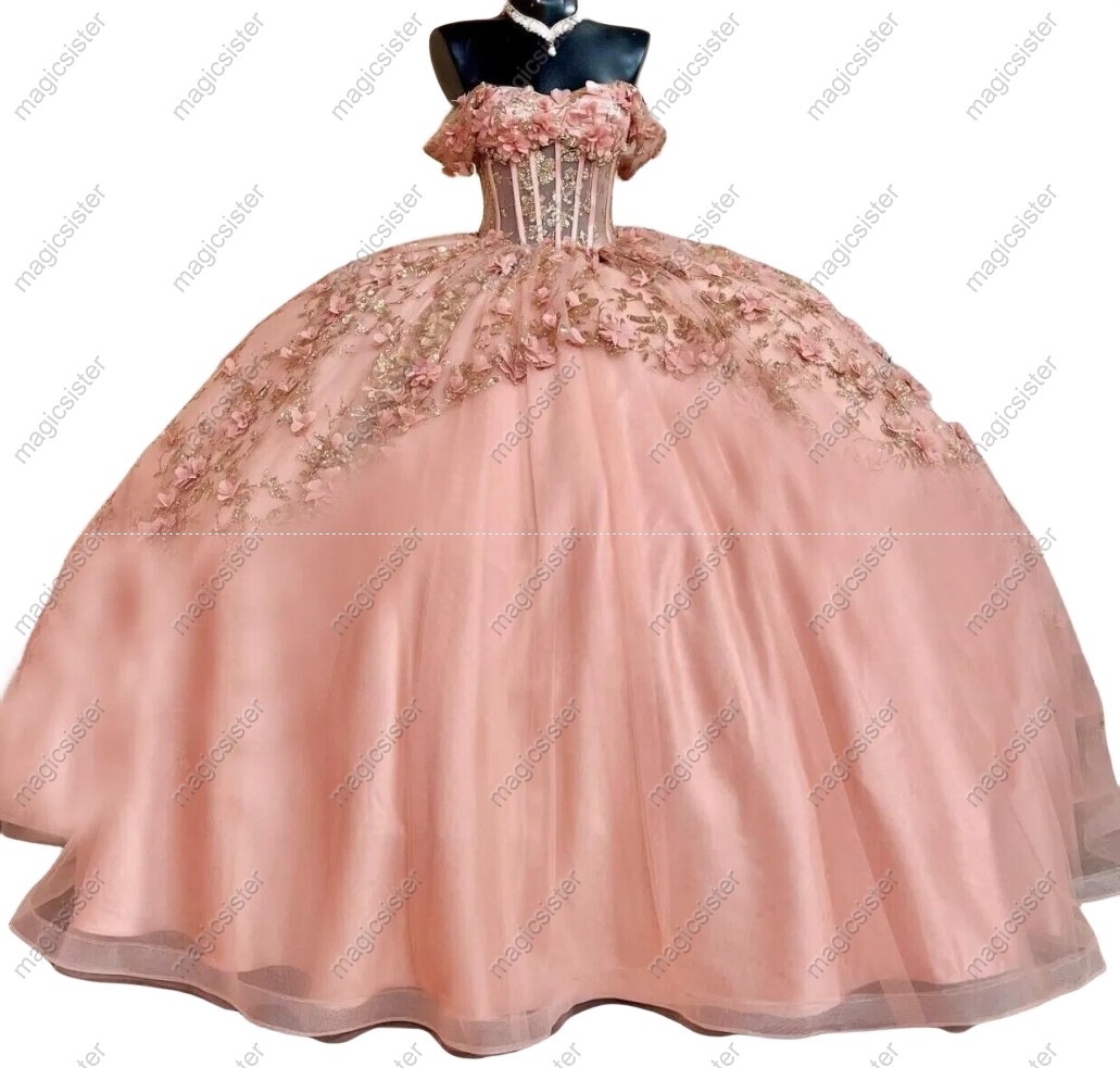 blush Instock Factory Glitter Fabric and 3D Flowers Quinceanera Dress