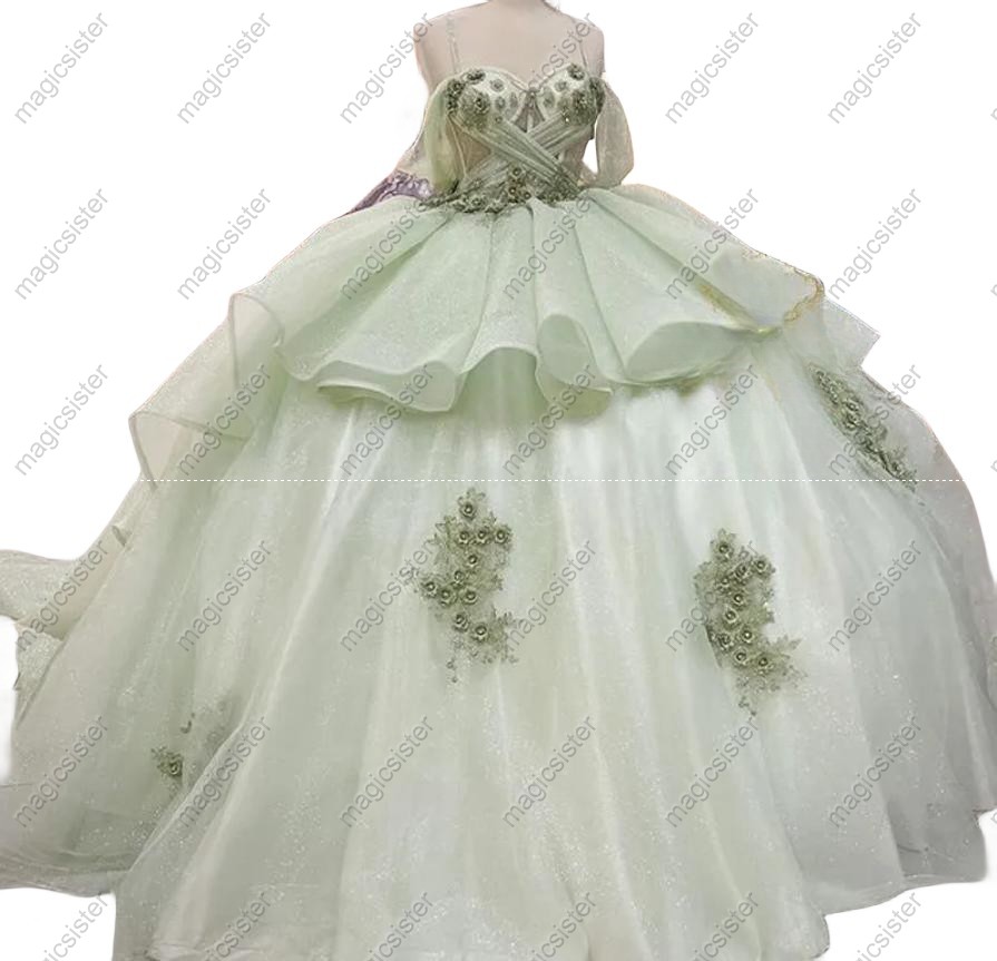 Emerald Green Instock Glitter 3D Floral Appliques Quinceanera Dress