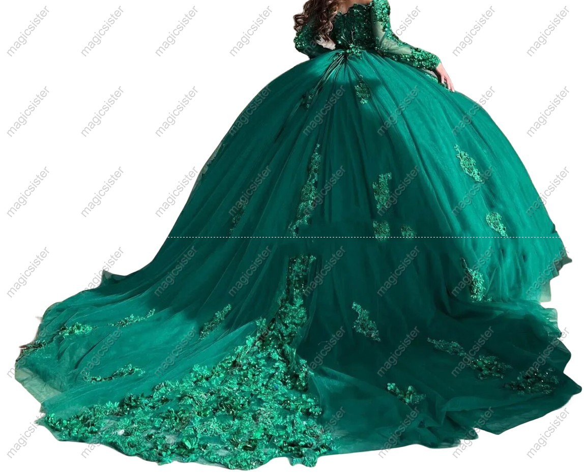 Emerald Green Topselling Floral Appliques Quinceanera Dress