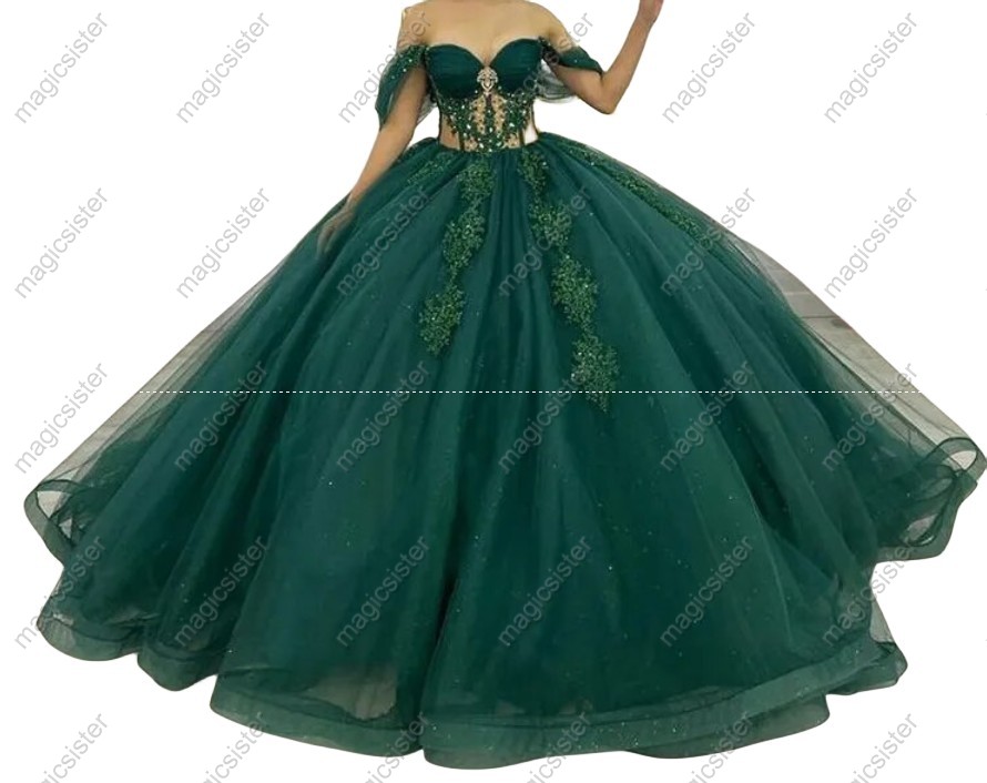 Emerald Green Factory Wholesale Glitter Appliques Quninceanera Dress