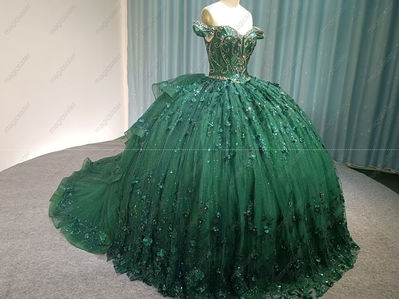 Emerald Green Instock Factory Glitter Fabric and 3D Flowers Quinceanera Dress