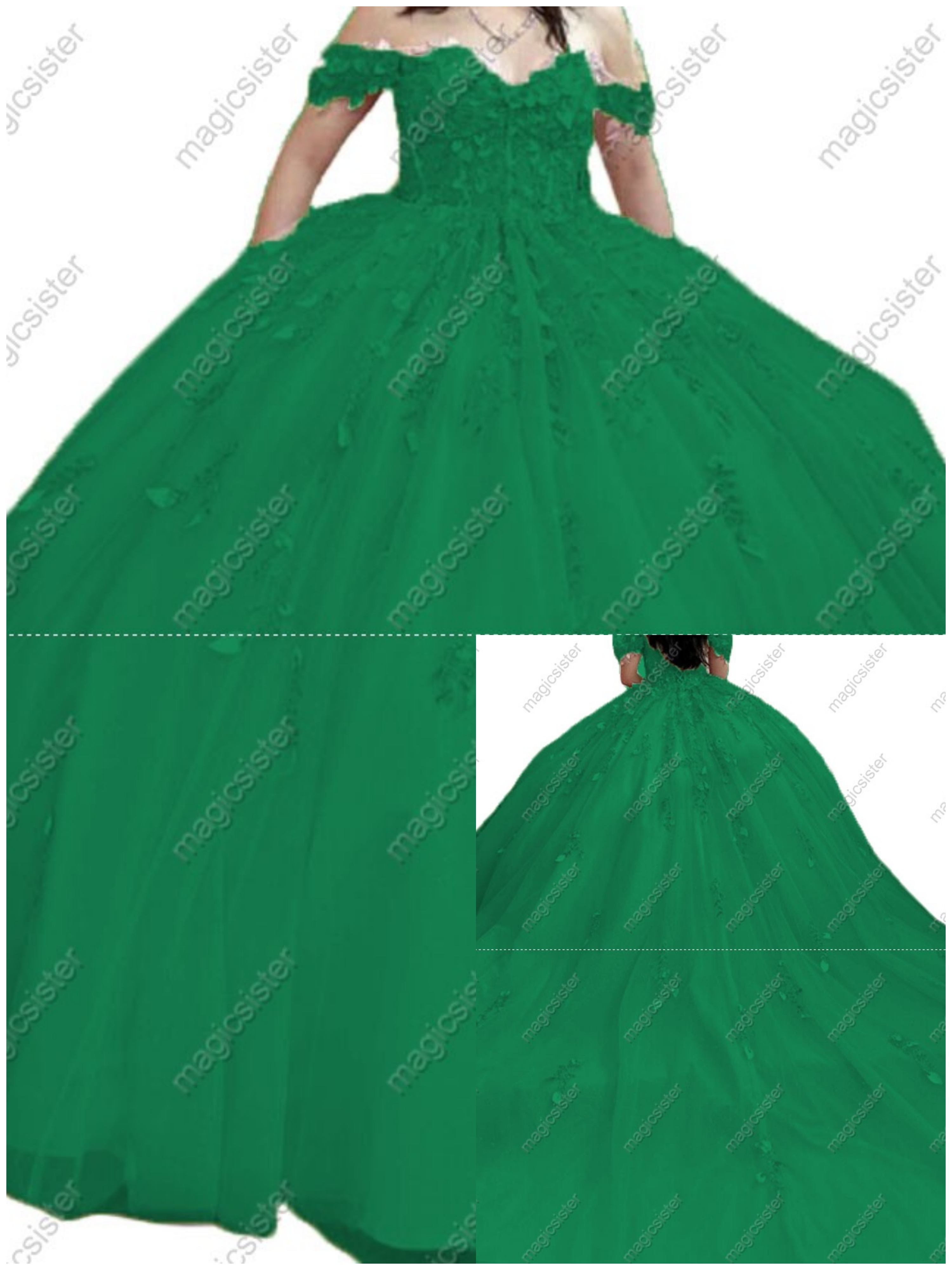 Emerald Green Factory Wholesale Glitter Floral Appliques Quinceanera Dress