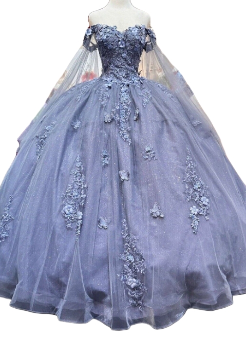 Factory wholesale appliqué shawl sleeve quinceanera dress