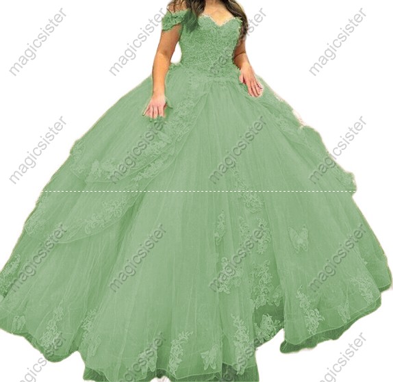 Sage Off The Shoulder Ruffles Quinceanera Dresses Ball Gown Appliques Lace Sweet
