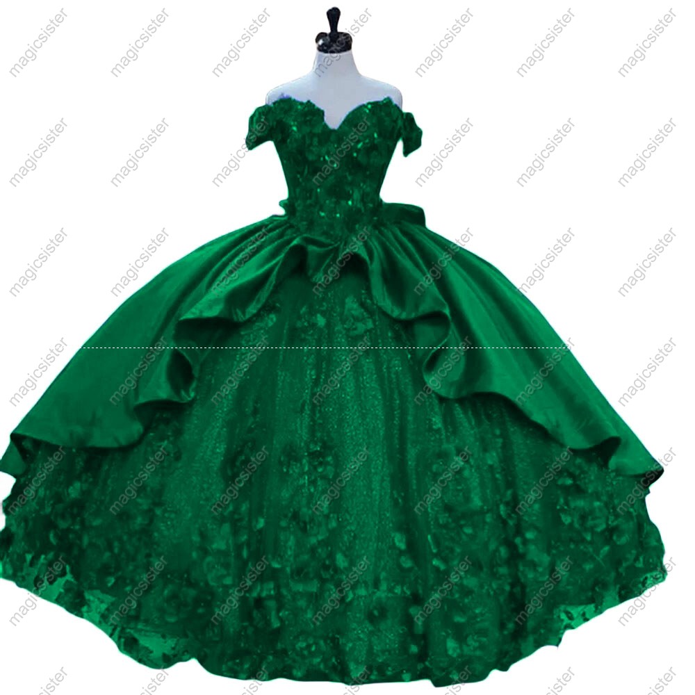 Emerald Green Factory Wholesale Luxury 3D Floral Quinceanera Dress