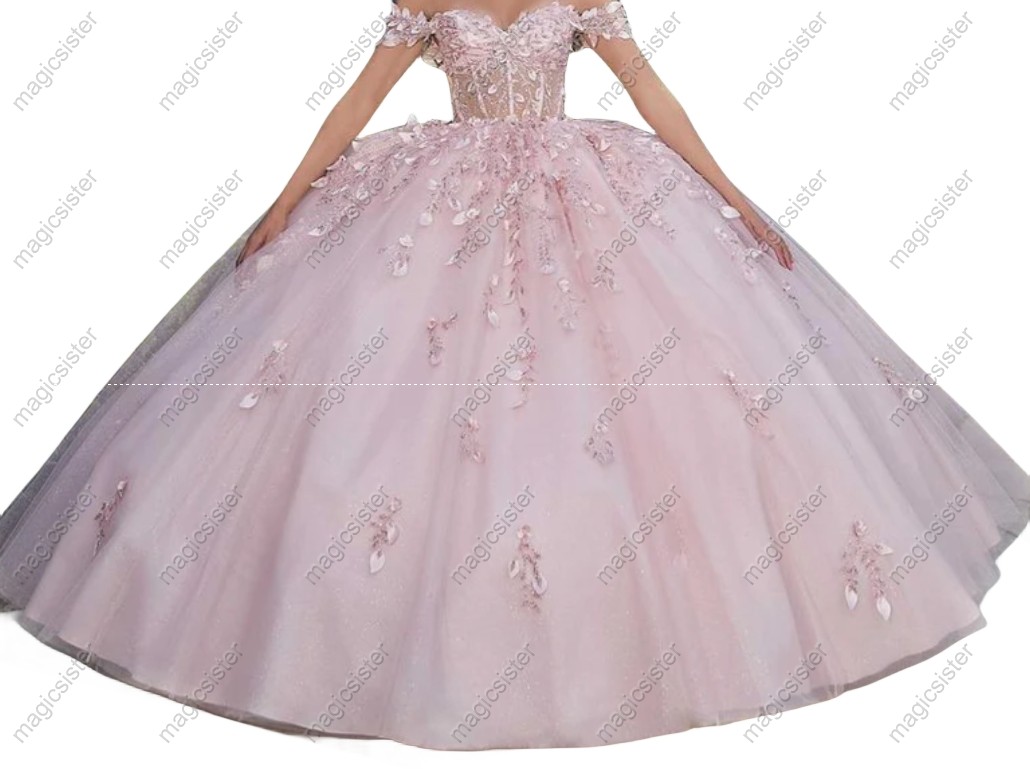 Blush Factory Wholesale Glitter Floral Appliques Quinceanera Dress
