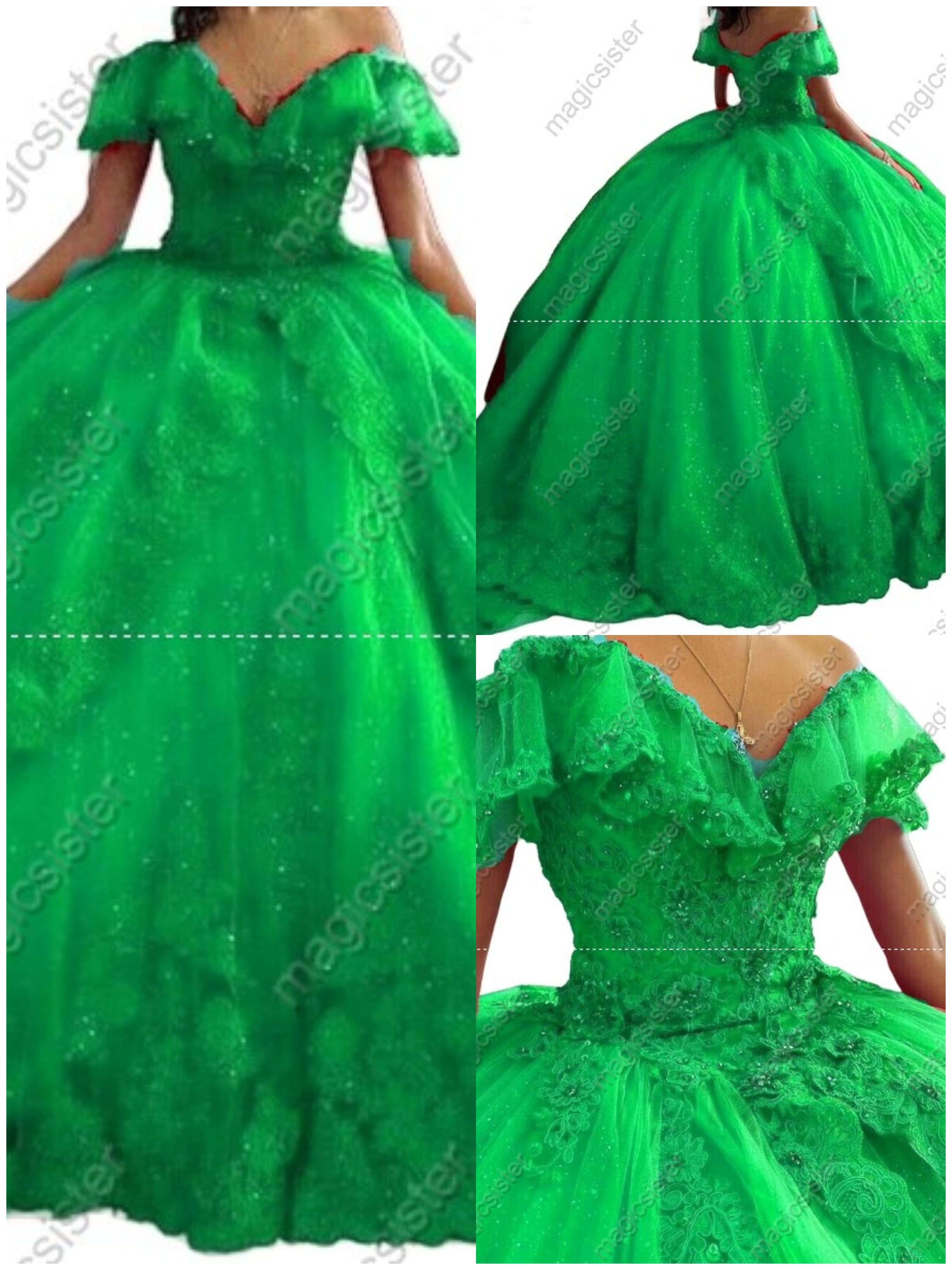 Emerald Green Luxury Glitter Floral Appliques Quinceanera Dress