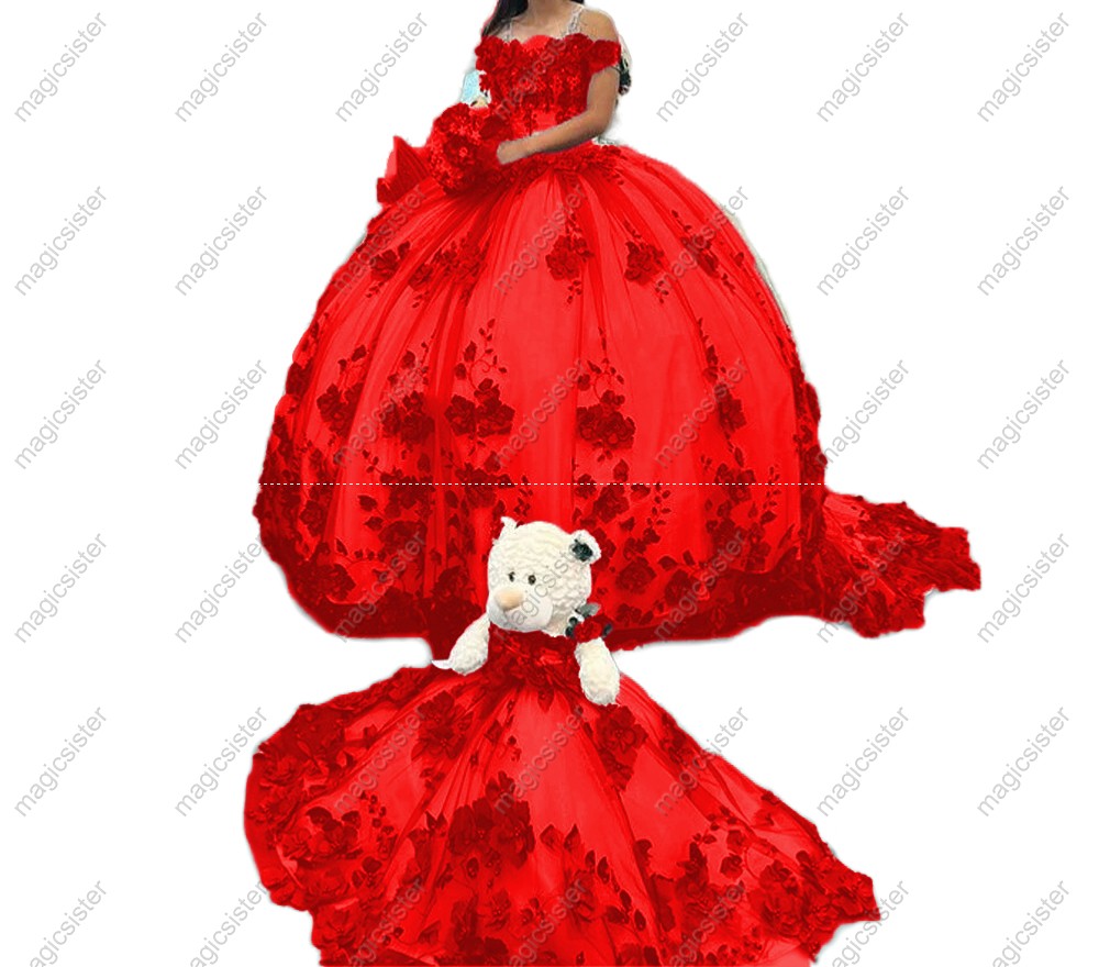 Princess Quinceanera Dresses 3D Flowers Beads Applique Lace up corset Sweet 15 Dress with bear Party Wear