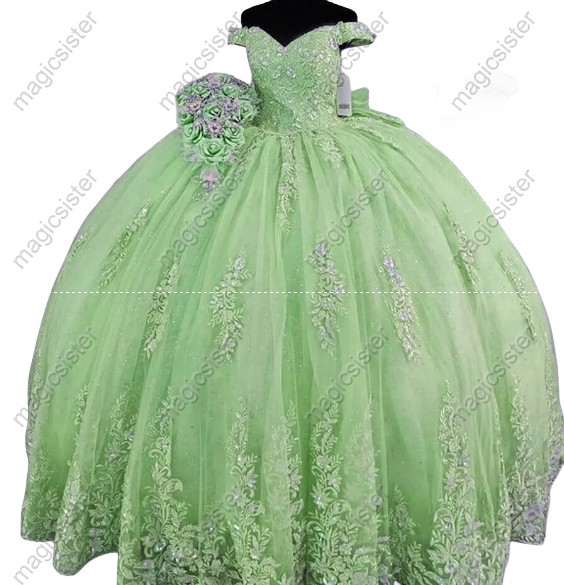 Sage Sparkly Pretty Princess Ruffled Quinceanera Dress