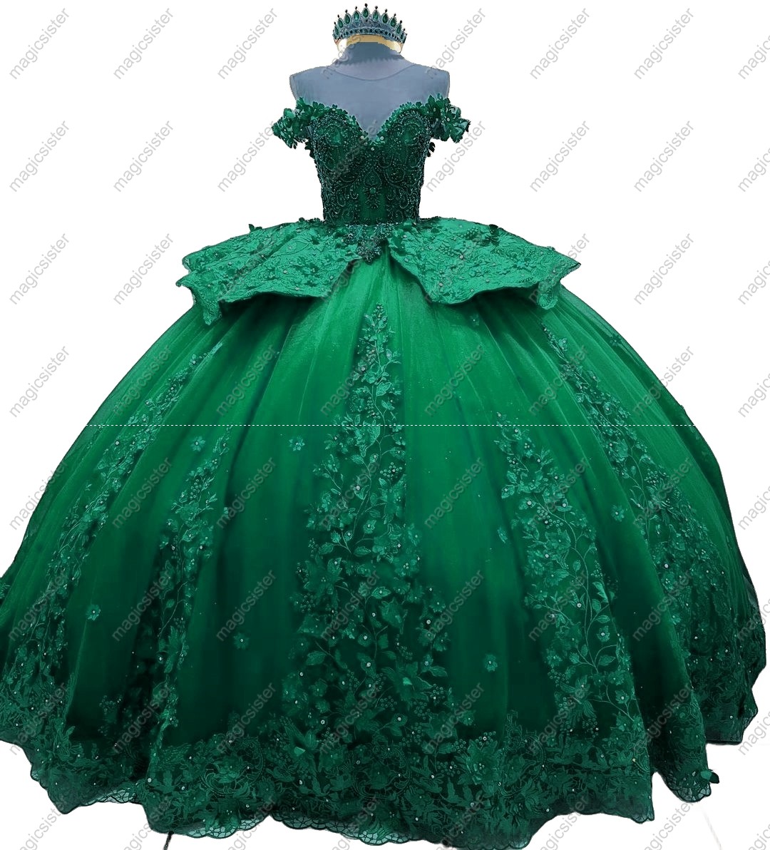 Emerald Green Factory Wholesale 3D Pearls Embroidered Floral Quinceanera Dress