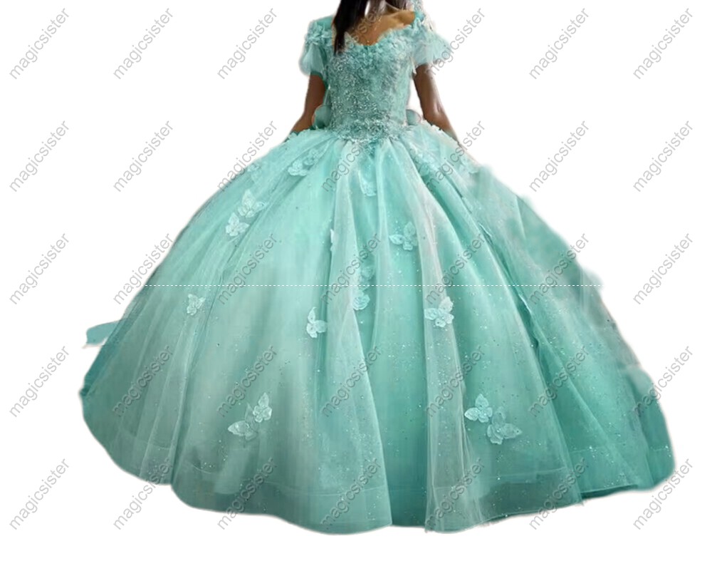 Glitter Quinceanera Dresses Short Sleeves With Bow Butterfly Robes