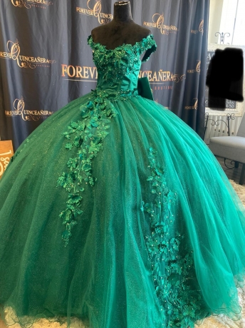 Cheap Emerald Green Glitter Tulle Quinceanera Dress with 3D Flowers