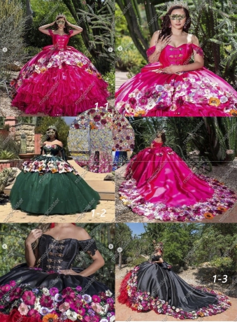 Instock Factory Wholesale Sunflower Embroidery Quninceanera Dress