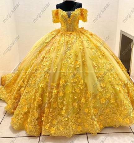 Instock 3D Pearls Embroidered Floral Quinceanera Dress