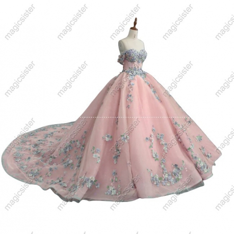 Instock 3D embroidered multi color flower lace Quinceanera Dress
