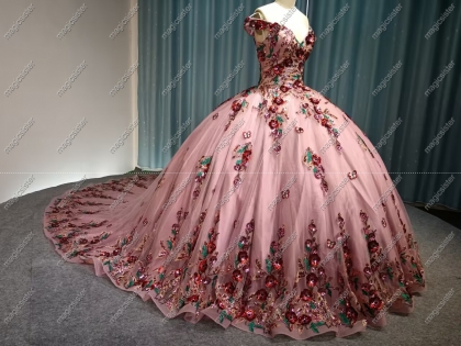 Instock Factory Wholesale Sequined 3D Floral Appliques Quinceanera Dress