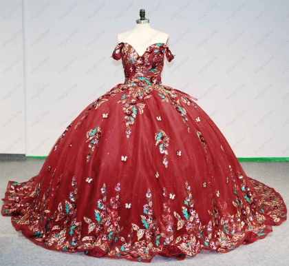 Instock Factory Wholesale Sequined 3D Floral Appliques Quinceanera Dress