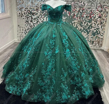 Emerald Green Topselling Flower Appliques Quinceanera Dress