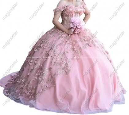 Blush Instock Factory Glitter Fabric and 3D Flowers Quinceanera Dress