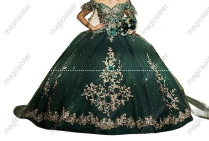 Emerald Green Topselling 3D Flower Appliques Quinceanera Dress