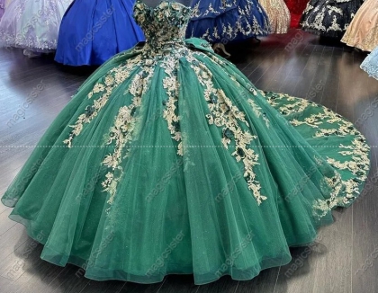 Topselling Emerald Green 3D Flower Quinceanera Dress