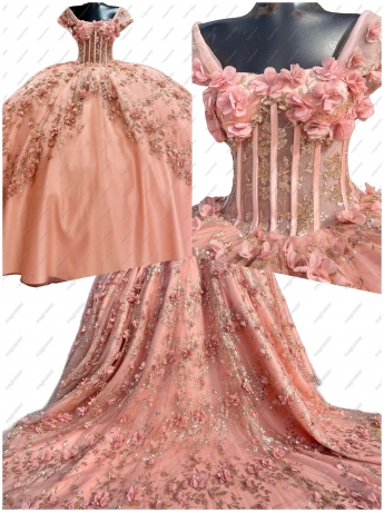 Blush Instock Factory Glitter Fabric and 3D Flowers Quinceanera Dress