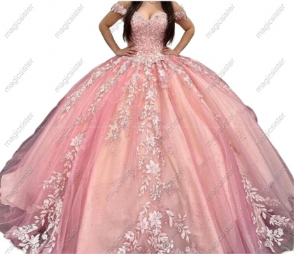 Blush Luxury Glitter Floral Appliques Quinceanera Dress