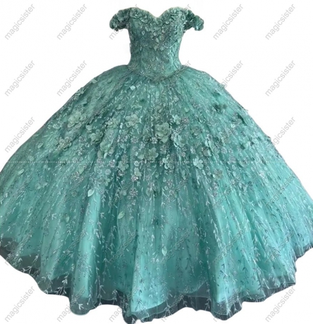 Factory Wholesale Glitter 3D Flower Quinceanera Dress