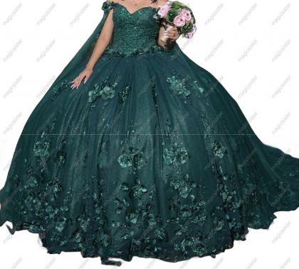 Emerald Green Luxury 3D Flower Quinceanera Dress