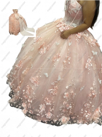 Blush Topselling Princess 3D Flower and Butterfly Quinceanera Dress