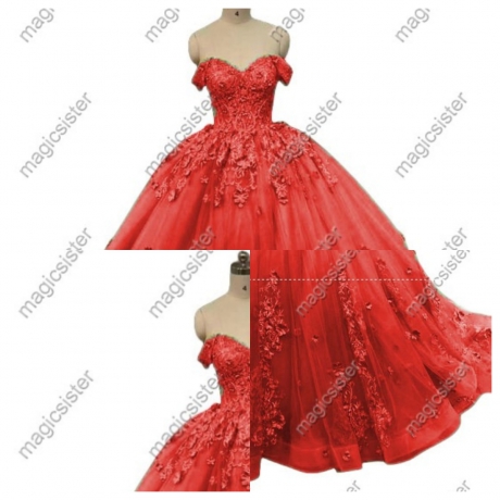 Off Shoulder Prom Gown 3D Floral Appliques Quinceanera Dress