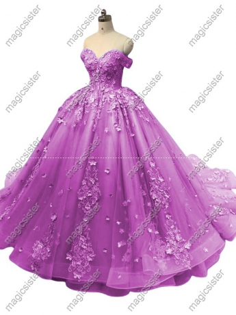 Blush Off Shoulder Prom Gown 3D Floral Appliques Quinceanera Dress