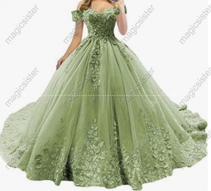 Sage Beautiful luxury Hot Sale 3D Flower Lace Quinceanera Dress